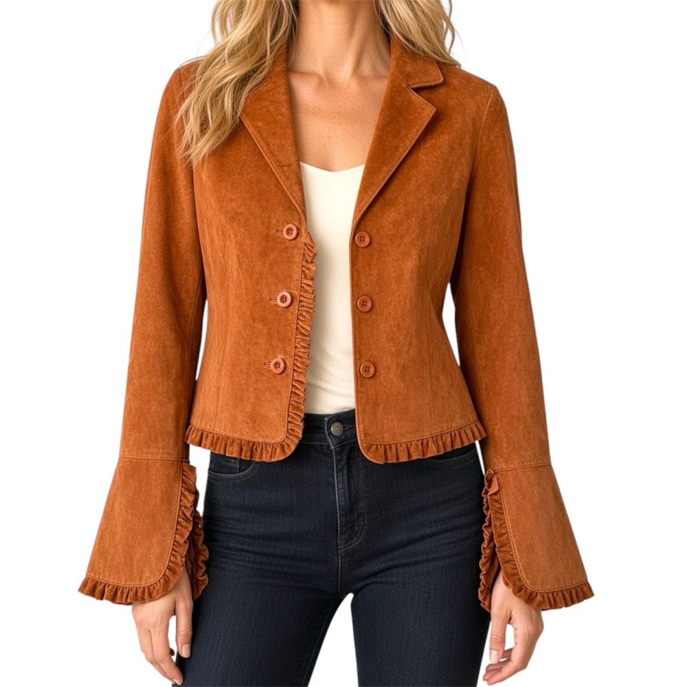 In Suede 100% Leather Terracotta Rust Ruffle Bell Sleeve Crop Blazer Jacket XS